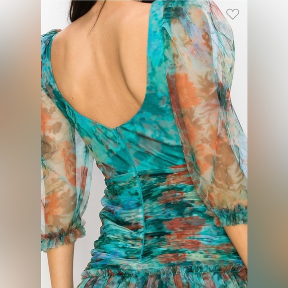 ✨ Rosevelvet Ruched Floral Mini Dress - Sheer Sleeves & Tiered Skirt - Picture 5 of 15